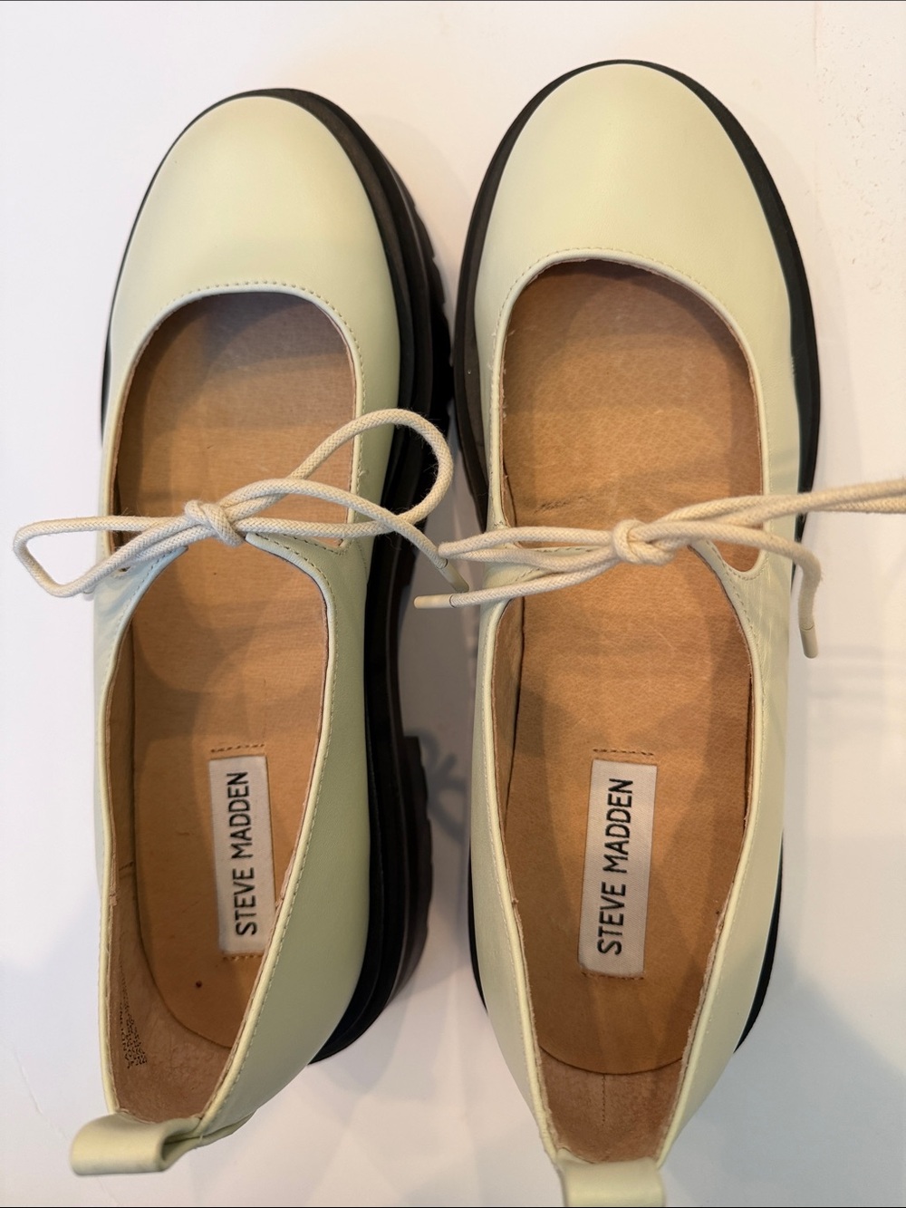 Steve Madden Cream Lace-Up Mary Jane Flats with Black Sole